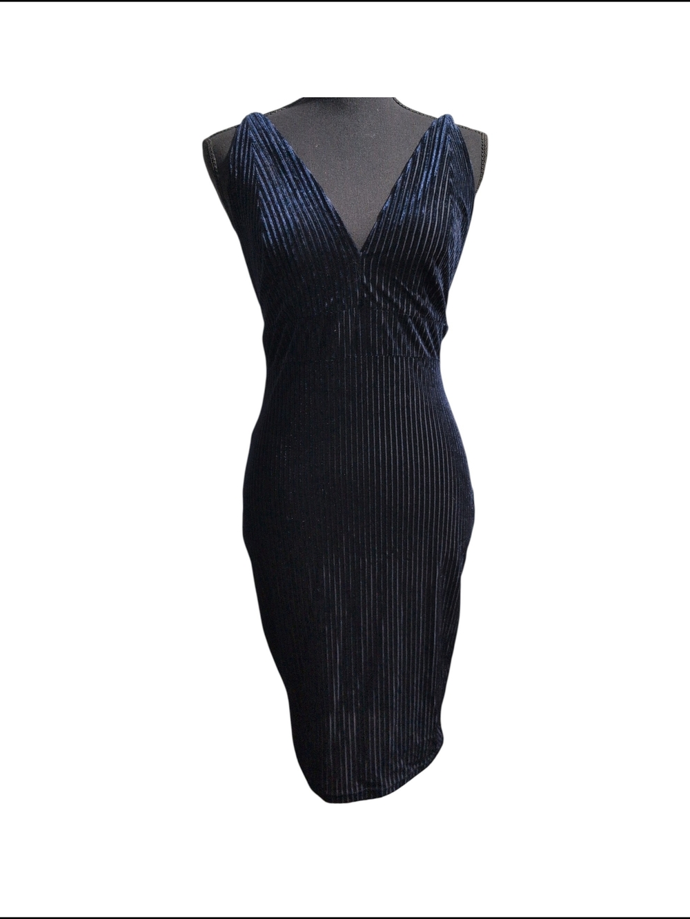 Windsor Navy Blue Ribbed Velvet V-Neck Midi Dress Size M